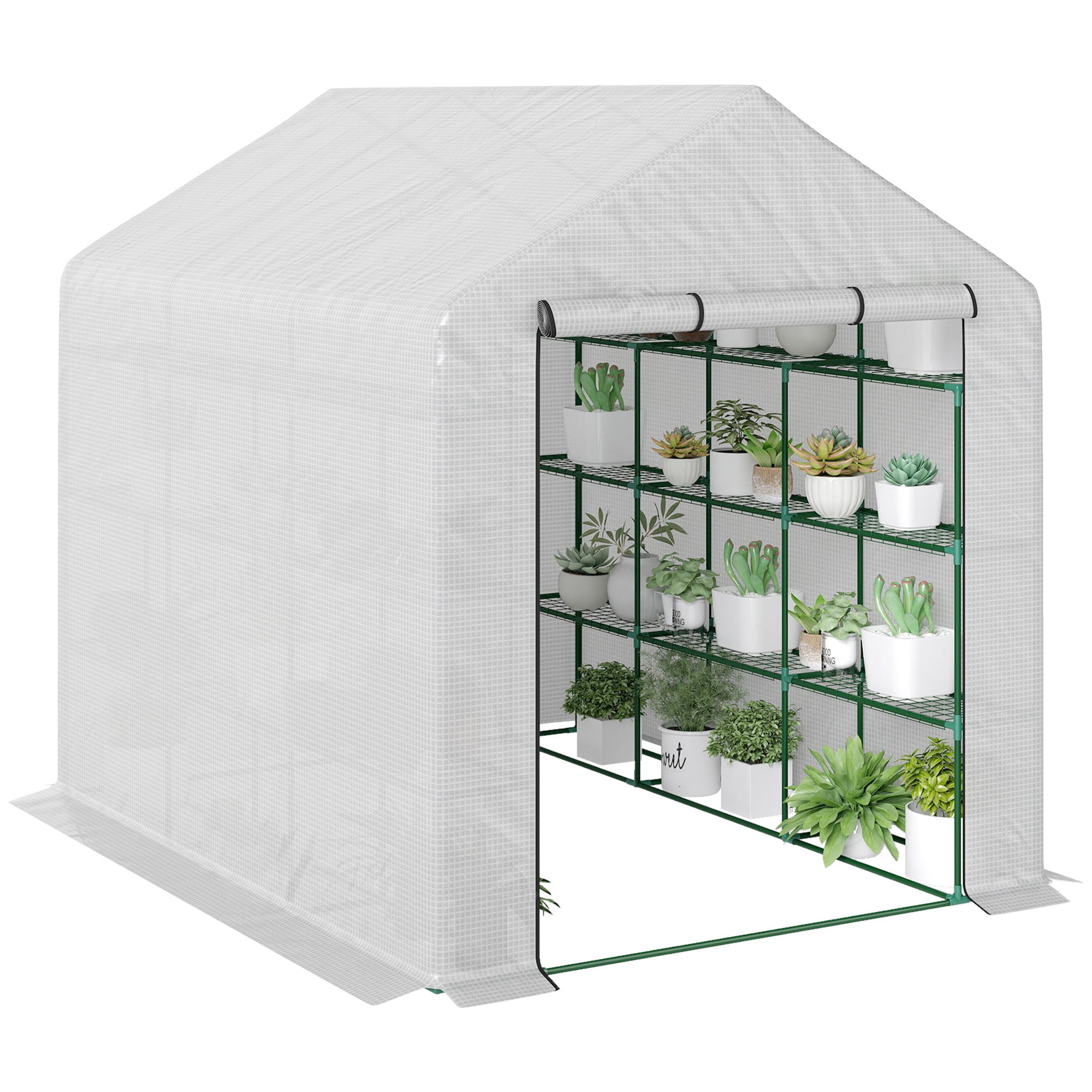 Outsunny Walk-in Greenhouse with Roll-up Zipper Door, 18 Shelves, PE Cover, Small & Portable Build, Humidity Seal, 95.25" x 70.75" x 82.75", White