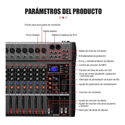 8 Channel Professional Audio Mixer Console Sound Board with 48V Phantom Power,USB Audio Interface for Live Show,Streaming Recording Music Stage Karaoke
