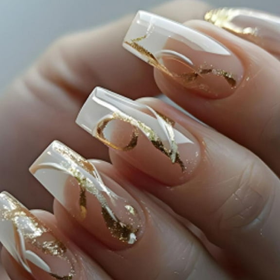 JZROCKER 24Pcs Square Press on Nails Glossy Designs French Fake Nails Acrylic False Nails,Artificial Nails Glues on Nails Women