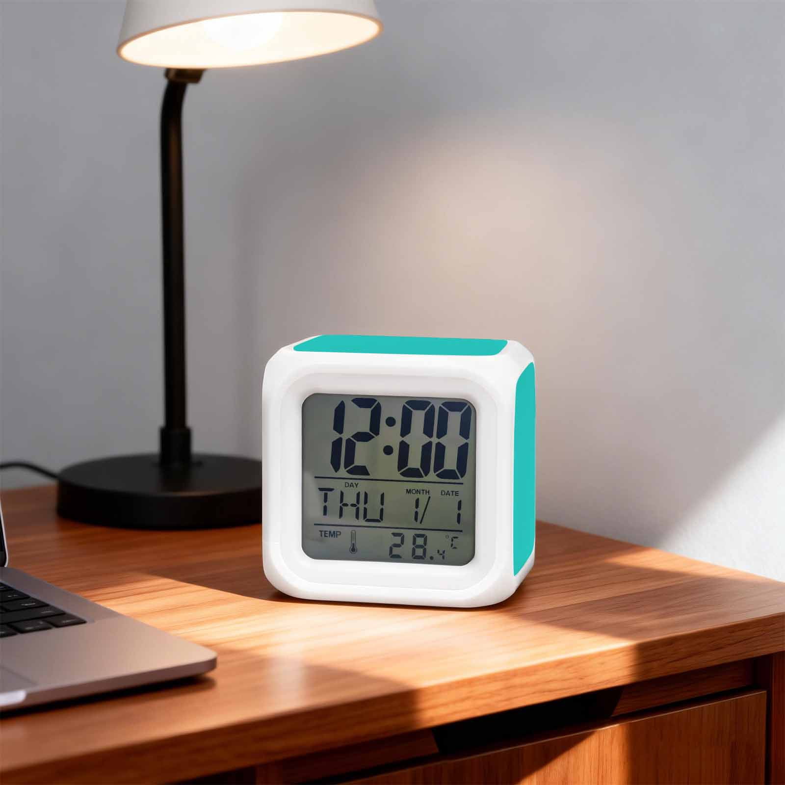 Turquoise Digital Alarm Clock for Bedrooms, Smart LED Alarm Clock with 7 Color Changing Night Light, Modern Pure Turquoise Silent Wake Up Clocks for Sleep Study Cooking 3.2"x3.2"