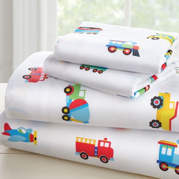 Wildkin Kids Microfiber Sheet Set for Boys and Girls - Full (Trains, Planes & Trucks)