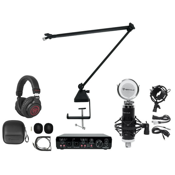 Rockville R-TRACK 2x2 1-Person Podcast Kit w/ RCM SR Microphone Boom Headphones