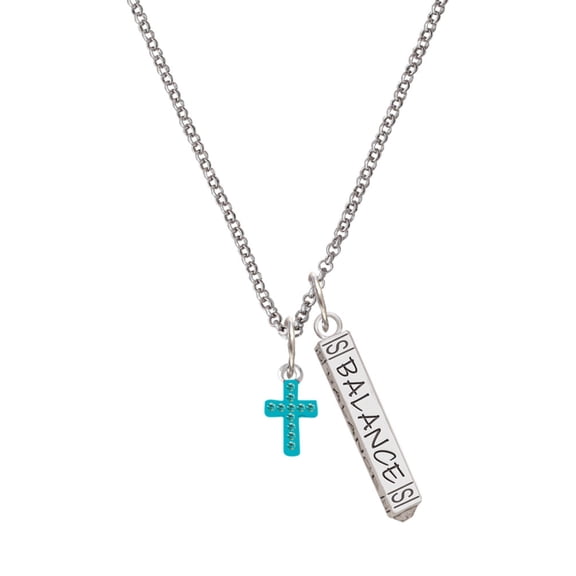 Delight Jewelry Silvertone Small Teal Crystal Cross Silvertone Balance Bar Charm Necklace, 23"
