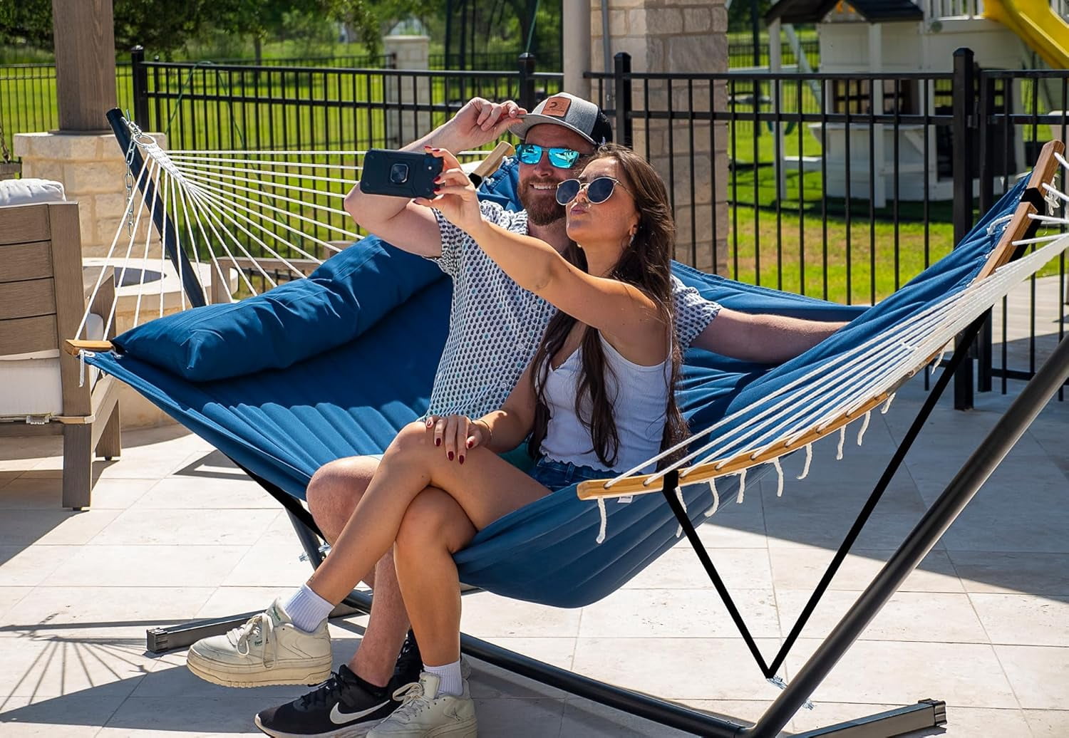 Curved-Bar Hammock with Stand, 2 Person Heavy Duty Hammock Frame, Detachable Pillow & Portable Carrying Bag, Perfect for Outdoor & Indoor, Navy Blue