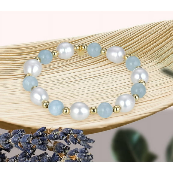 Gold Over Sterling Silver with Natural Aquamarine, Pearl and Silver Beads Stretch Bracelet