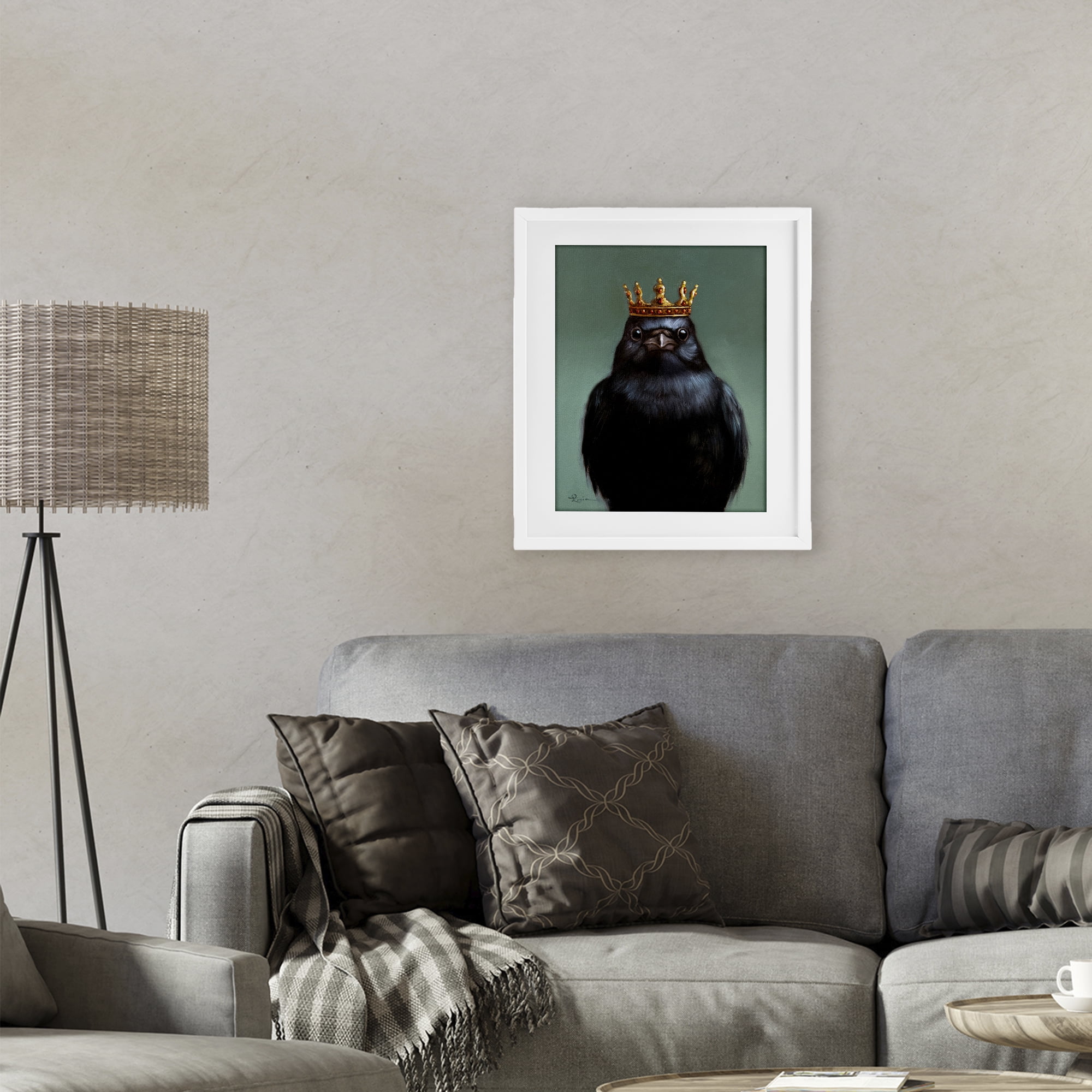 King Crow Portrait White Framed Print Under Glass, design by Lucia Heffernan