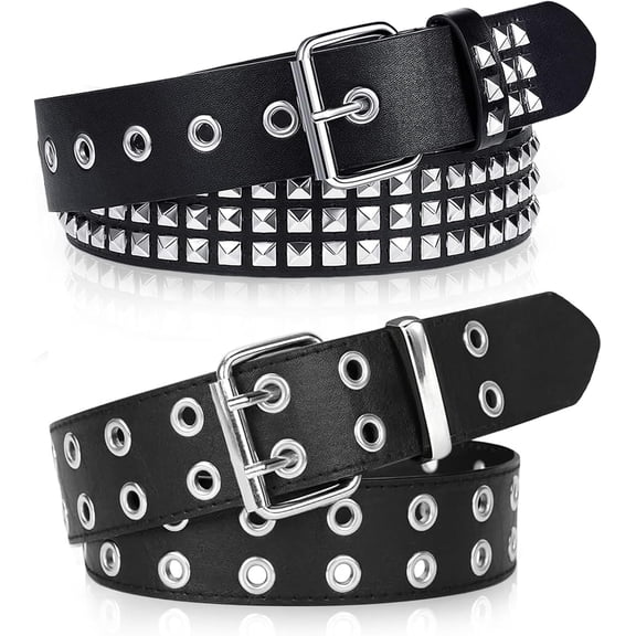 DOVACKA Black Studded Belt, 2 Pcs Y2K Belt Metal Punk Rock Double Grommet Belts with Bright Pyramid Studded for Women Men