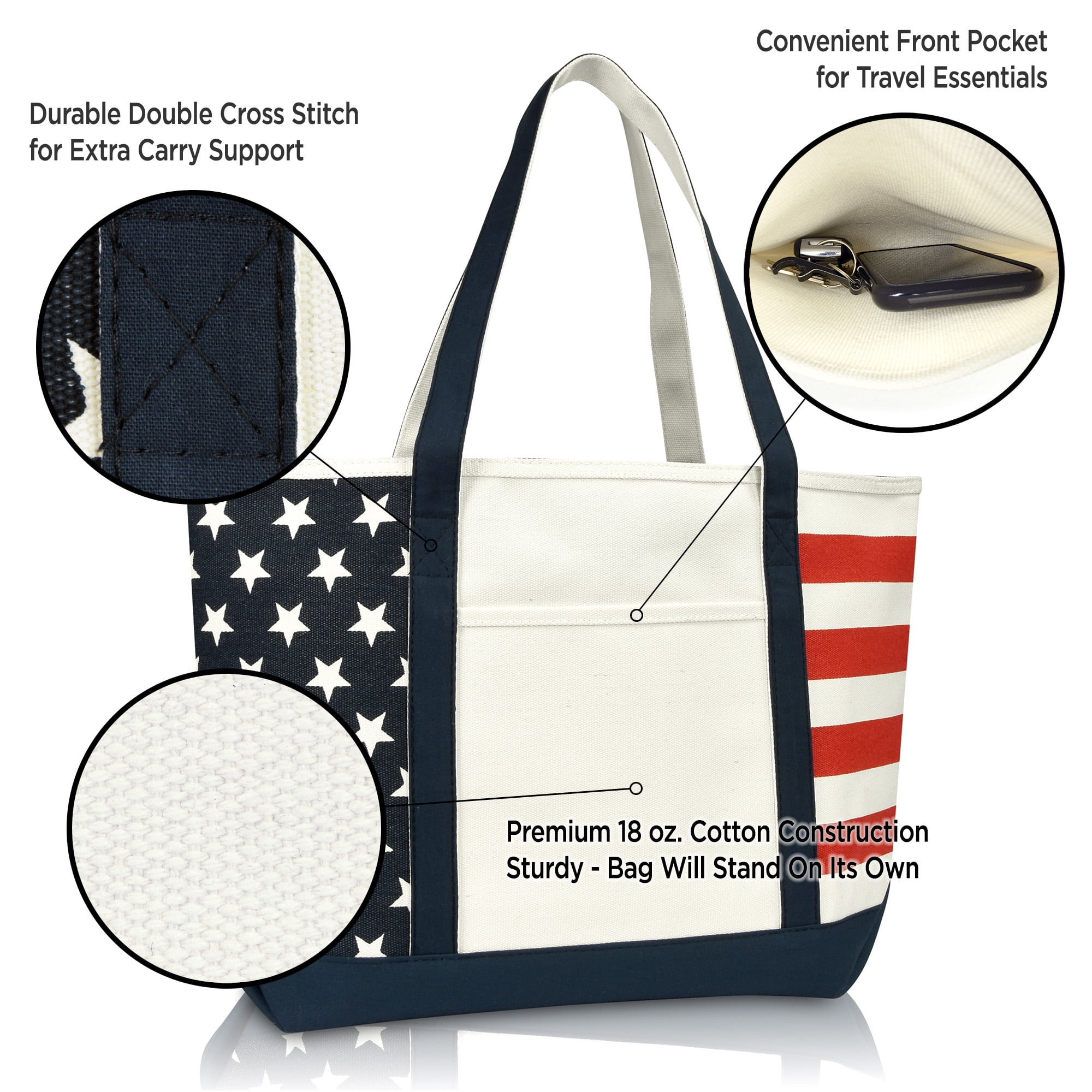 DALIX Canvas Tote Bag, Stars and Stripes, Zipper Closure, 18