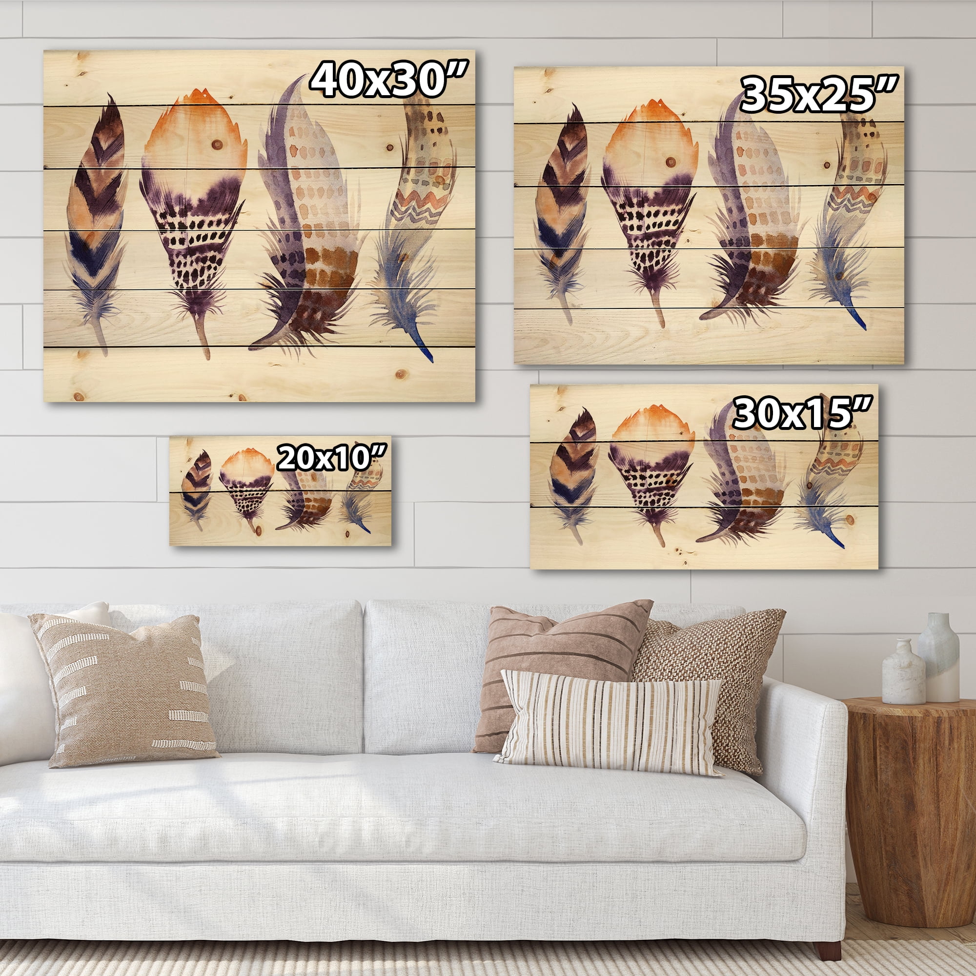 Designart 'Purple Boho Art Feathers' Bohemian & Eclectic Print on Natural Pine Wood