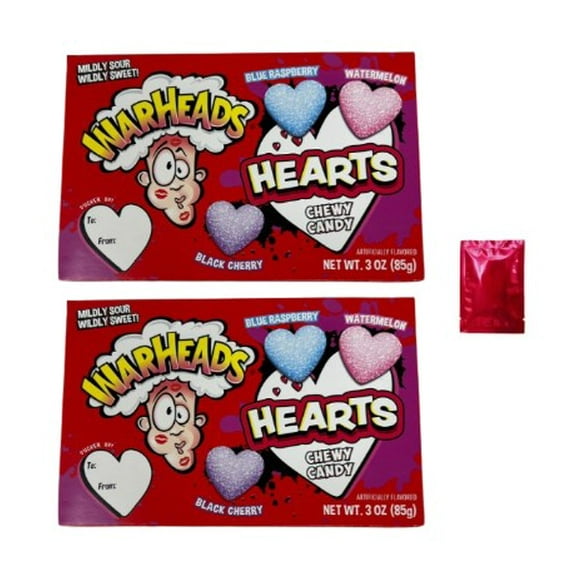 Valentine Warheads Hearts Chewy Candy, 3 oz Box (Pack of 2) – Mildly Sour & Wildly Sweet Valentine’s Day Treats in Black Cherry, Blue Raspberry, and Watermelon Flavors – Includes: Canzonet Pennette
