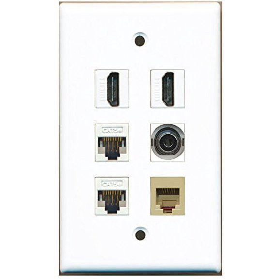 RiteAV - 2 HDMI 1 Port Phone RJ11 RJ12 Beige 1 Port 3.5mm 2 Port Cat5e Ethernet White Wall Plate