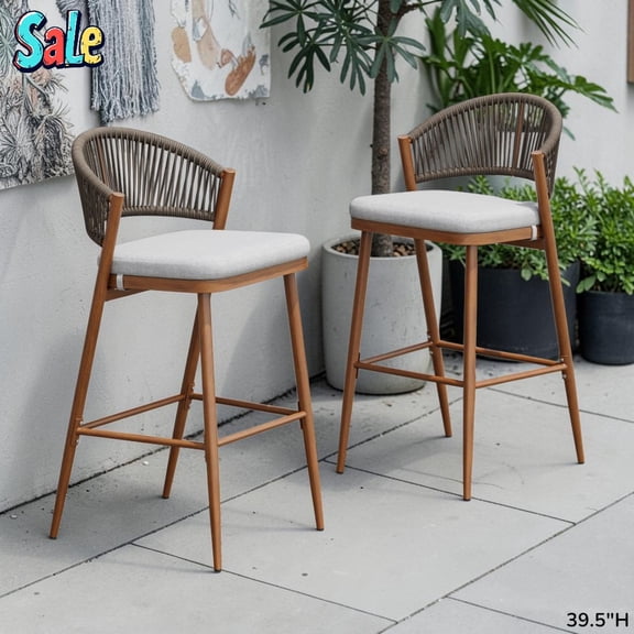 GZXS Outdoor Wicker Barstools Set of 2, Patio Pub Chairs with Water-Resistant Cushions, Curved Back and Teak Finished Aluminum Frame for Backyard, Balcony or Poolside, 30.25" Seat Height