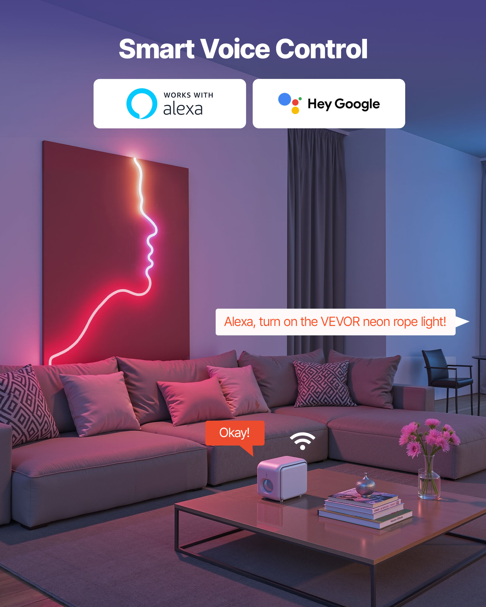 VEVOR LED Neon Rope Light, 16.4 ft, Flexible RGBIC LED Strip Light, Control with App/Remote, Works with Alexa & Google Assistant, Music Syncing, Custom DIY Neon Flex Lights, for Bedroom Gaming Indoor