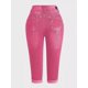 thumbnail image 4 of Pantalones vaqueros recortados para mujer, informales, de verano, con dobladillo rasgado, cintura media, rosa, talla grande, 4 of 5