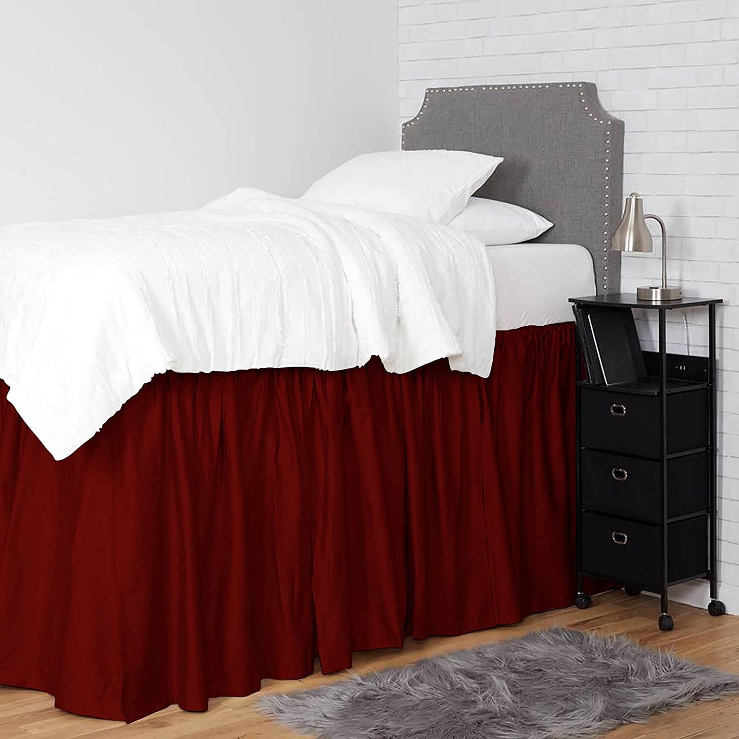 Dorm Bed Skirt Twin XL 56" Drop, College Dorm Room Bed Skirts Easy to Put On Twin XL Size Dust Ruffle Dorm Sized Bed Skirts, 600TC Egyptian Cotton Bed Skirt, (Burgundy, Twin-XL - 56" Drop)
