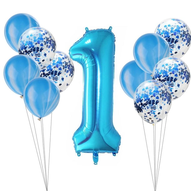Billuyoard 11 Uds. Globos de confeti de látex de ágata para niño y niña, decoración para fiesta de 1er cumpleaños, globos de aluminio Kits de decoración para fiestas ágata azul+confeti azul