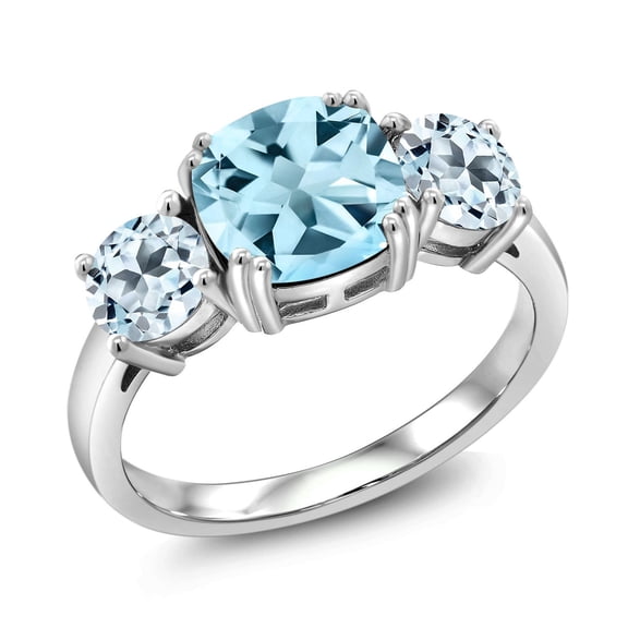 Gem Stone King 925 Sterling Silver Sky Blue Topaz 3 Stone Engagement Ring for Women (3.74 Cttw, Gemstone November Birthstone, Cushion 8MM, Size 8)