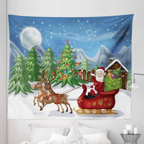 Christmas Tapestry, Country Landscape at Night Trees Santa Claus Snowdrift Reindeers Mountains, Fabric Wall Hanging Decor for Bedroom Living Room Dorm, 5 Sizes, Multicolor, by Ambesonne