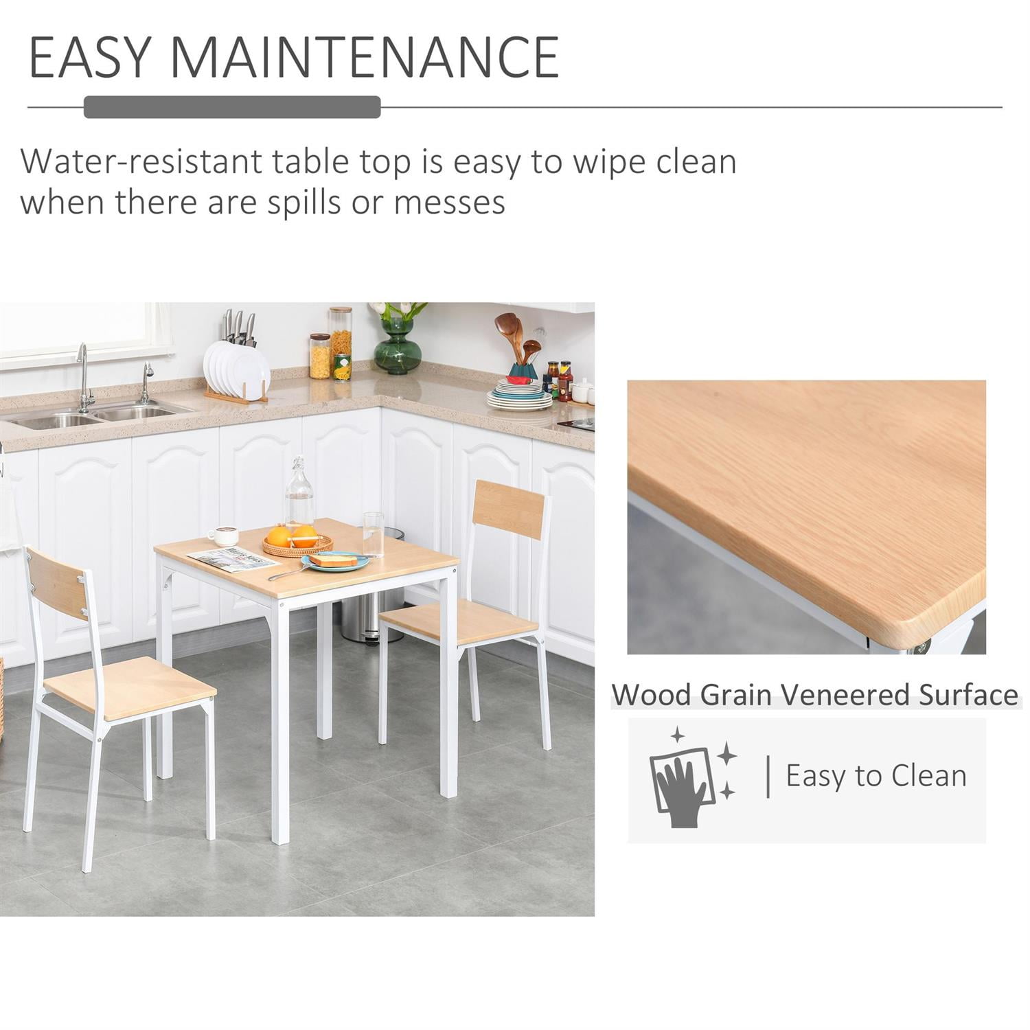 Demi Bonn 3-Piece Wooden Dining Table Set with Metal Frame, Includes 1 Table & 2 Chairs for Small Spaces, Modern Design, White