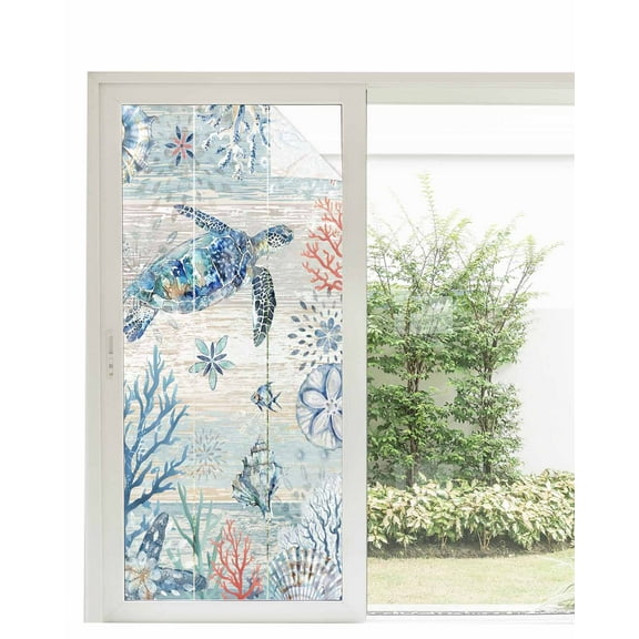 Window Privacy Film Coastal Turtle Stained Glass Window Film Decorative Sun Block Window Cover Nautical Ocean Conch Coral Starfish Retro Window Clings Static Adhesive Sticker for Bathroom 35.4"x78.7"