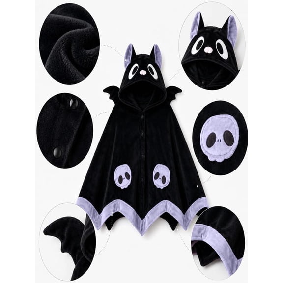 Halloween Bat Blanket Hooded Cape Costume, Cute Bat Blanket Hoodie, Soft Hooded Bat Cape for Women, Wearable Bat Blanket Adult for Halloween Cosplay Party Night
