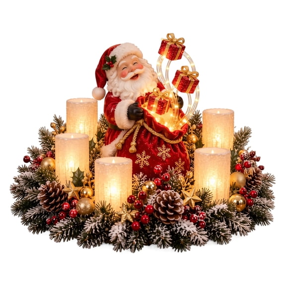 Christmas Resin Santa Figurine Decoration, Lighted Holiday Tabletop Decor with Gift Sack and Present Lights