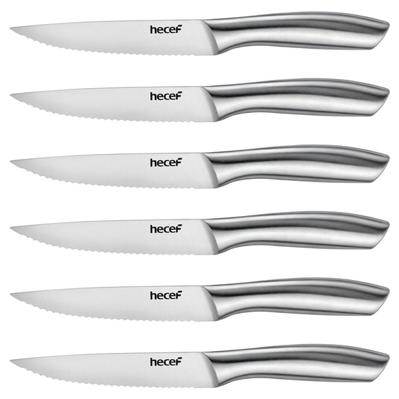 Hecef All-Steel Steak Knife Set of 6, High-Carbon Stainless Steel Serrated Edge Dishwasher safe Knives