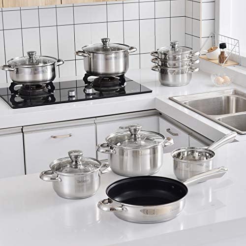 Velaze 14-Piece Stainless Steel Cookware Set Pot and Pan Sets with Saucepan  Casserole Casserole Pan with Glass Lid VLZ-GA-14 - The Home Depot