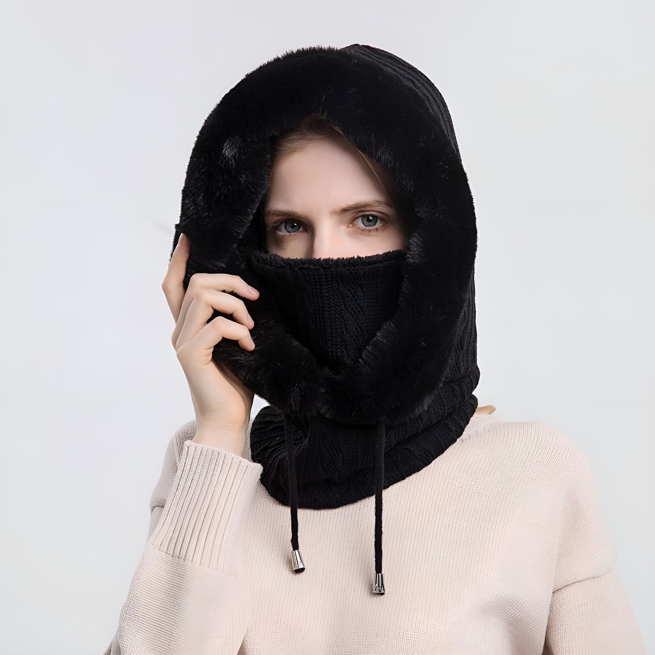 TELOLY 2026 New Women One Piece Slouchy Fleece Beanie Hats with Scarf Mask Drawstring Winter Warm Hooded Balaclava Pullover Cap for Outdoor,Travel,Hiking,Skiing,Snowboarding,Black