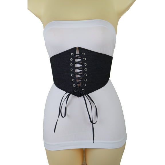 Women Black Denim Wide Fabric Elastic High Waist Corset Belt S M