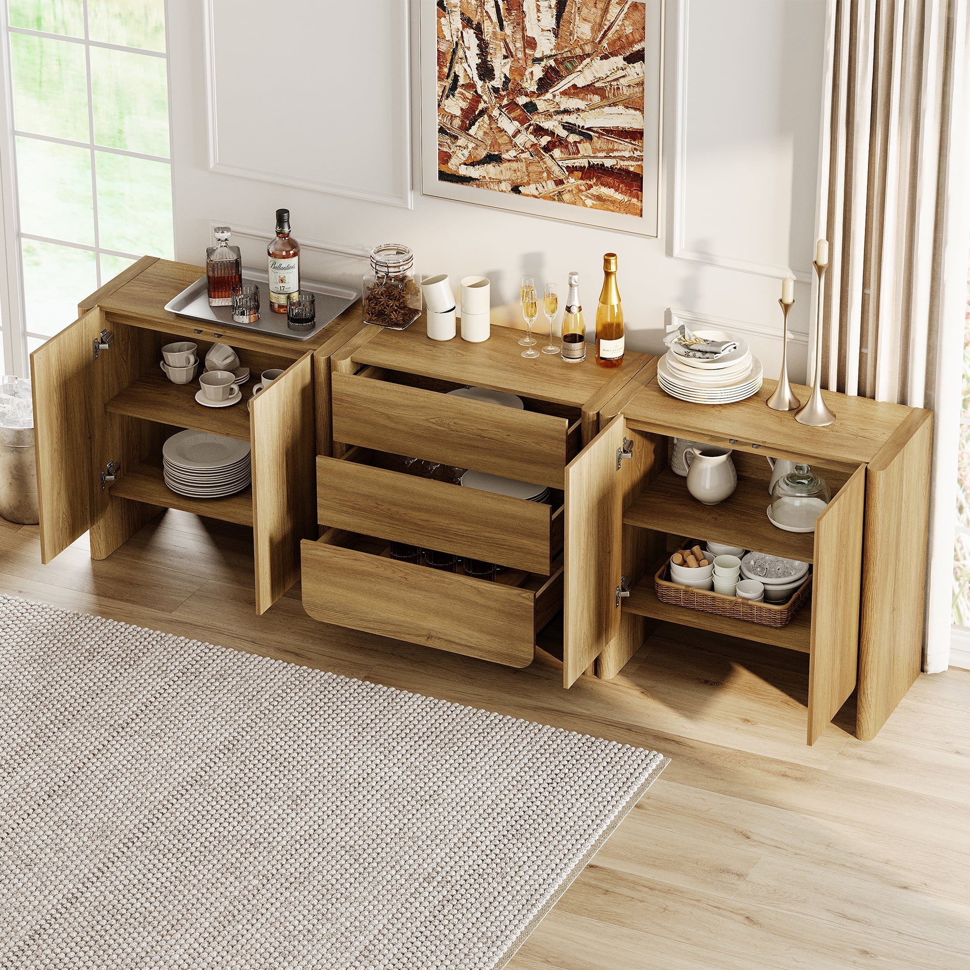 Modern French TV Stand, 94.5-Inch 3-Piece Media Console with 4 Doors and 3 Drawers, Supports TVs up to 105 Inches, Walnut