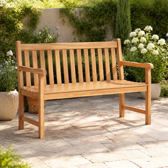 Teak Outdoor Porch Bench, Solid Wood Garden Patio Seating, 2-3 Person Bench with Armrests