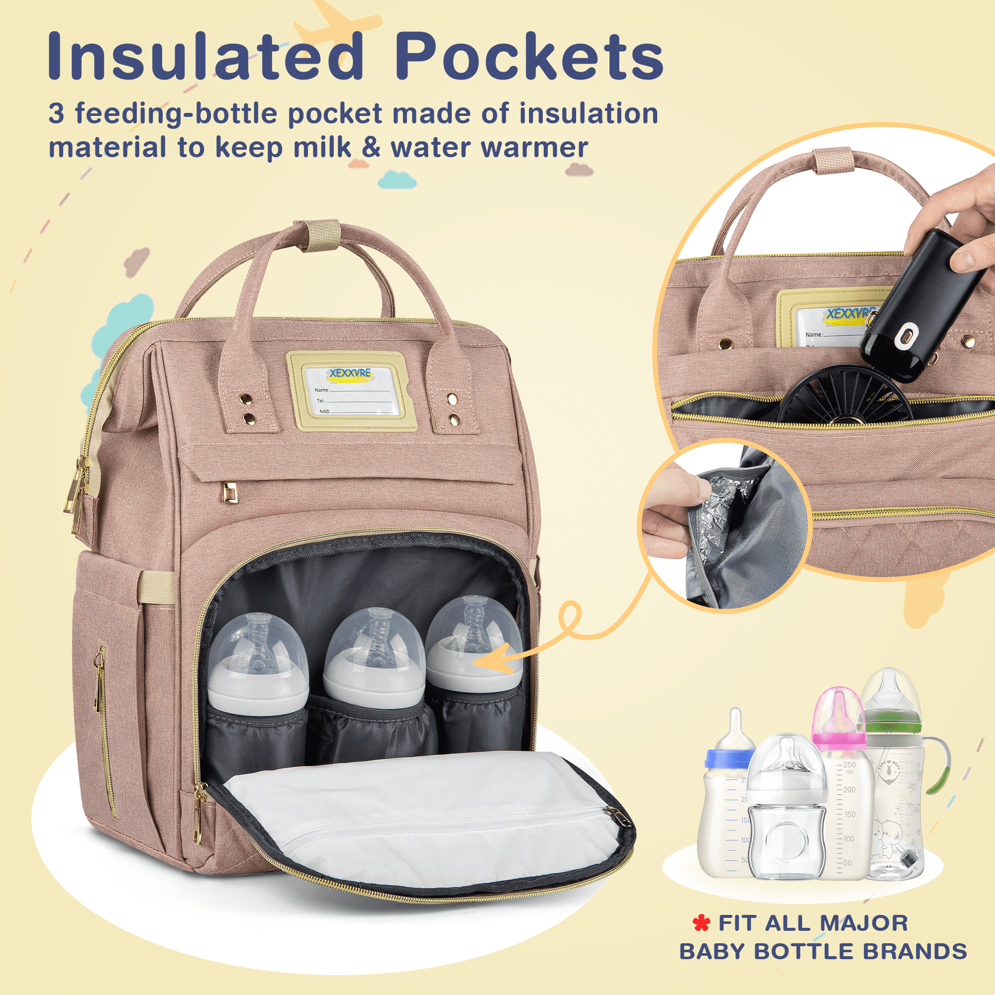 Diaper Bag Backpack, Multifunctional Baby Changing Bag with Insulated Milk Bottle Pocket & Stroller Strap, Large Capacity Travel Backpack with USB Charging Port, Baby Bags for Boys Girls(Pink)