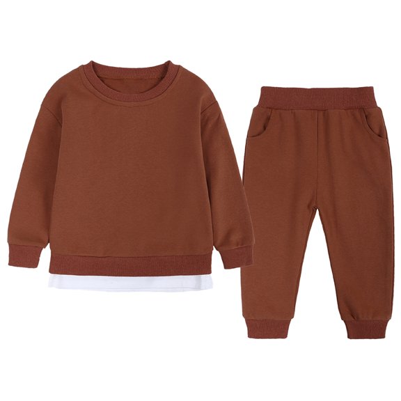 Odeerbi Toddler Boys Girls Cotton Sweatsuit Winter Crew Neck Long Sleeve 2024 Casual Gold Silk Trousers Set Brown 12-24 Months
