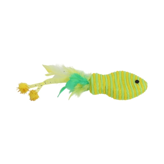 Cat Fish Wand Toy, Cotton Rope Feather Crinkle Sound Bite Resistant Interactive Teaser Stick Self-Playing Indoor Feline Exercise Tool Boredom Relief Oral Care Yellow
