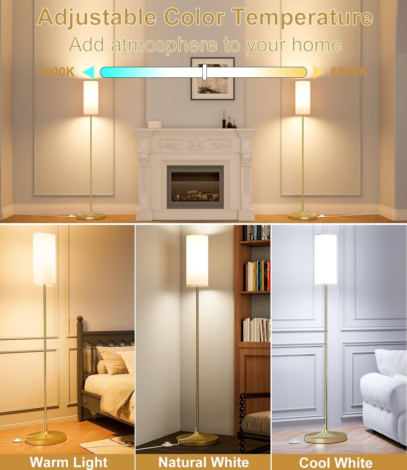 Led Floor Lamp For Living Room  Dimmable Standing Lamps With Foot Remote Custom Color Temperature Pole Lampshade 12w Bulb Tall Bedroom Office