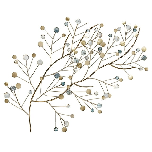 Modern Aaralynne Capiz Shell Branch Metal Wall Art Gold Ivory and Iridescent Blue