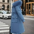 thumbnail image 6 of Jinhomg Womens Trendy Long Down Coat Plus Size Comfy Faux Fur Hooded Puffer Jacket Heavyweight Warm Double Closure Drawstring Waist Outerwear with Pockets Clearance Items for Women Blue L, 6 of 7