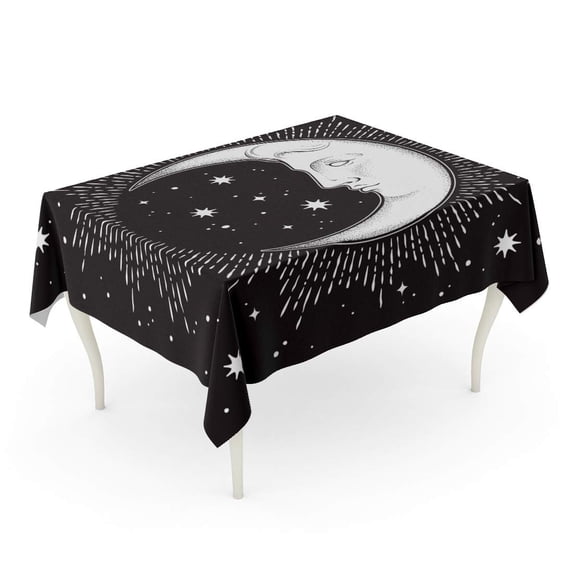 LADDKE Alchemy Crescent Moon and Stars in Antique Line Dotwork Boho Chic Tattoo Altar Veil Ast Tablecloth Table Desk Cover Home Party Decor 60x104 inch