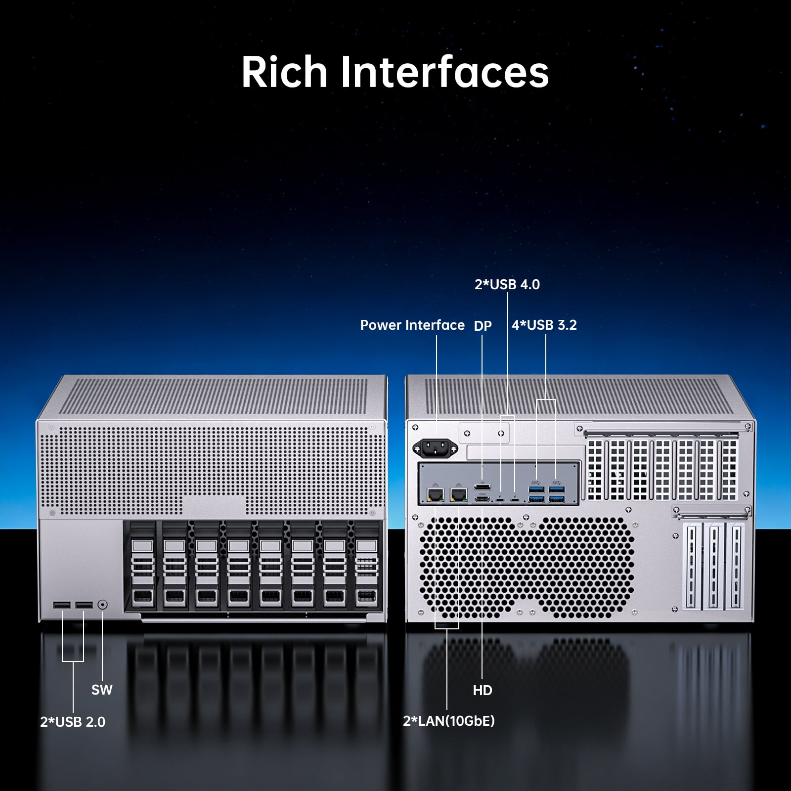 Thdeukoty Desktop NAS 8-Bay, Ultra 9 285H AI CPU, 32GB LPDDR5X 8400Mhz RAM, 2 x 10GbE, 2 x M.2 NVMe Slots, HD/DP, PCIe 4.0 x 8 Slot, USB 4, Support Dual System Network Attached Storage (Diskless)