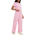 thumbnail image 4 of Conjunto de sudadera de verano de 2 piezas para mujer ATHLECHIC, con camiseta de manga corta y pantalones anchos, color rosa claro, 4 of 5
