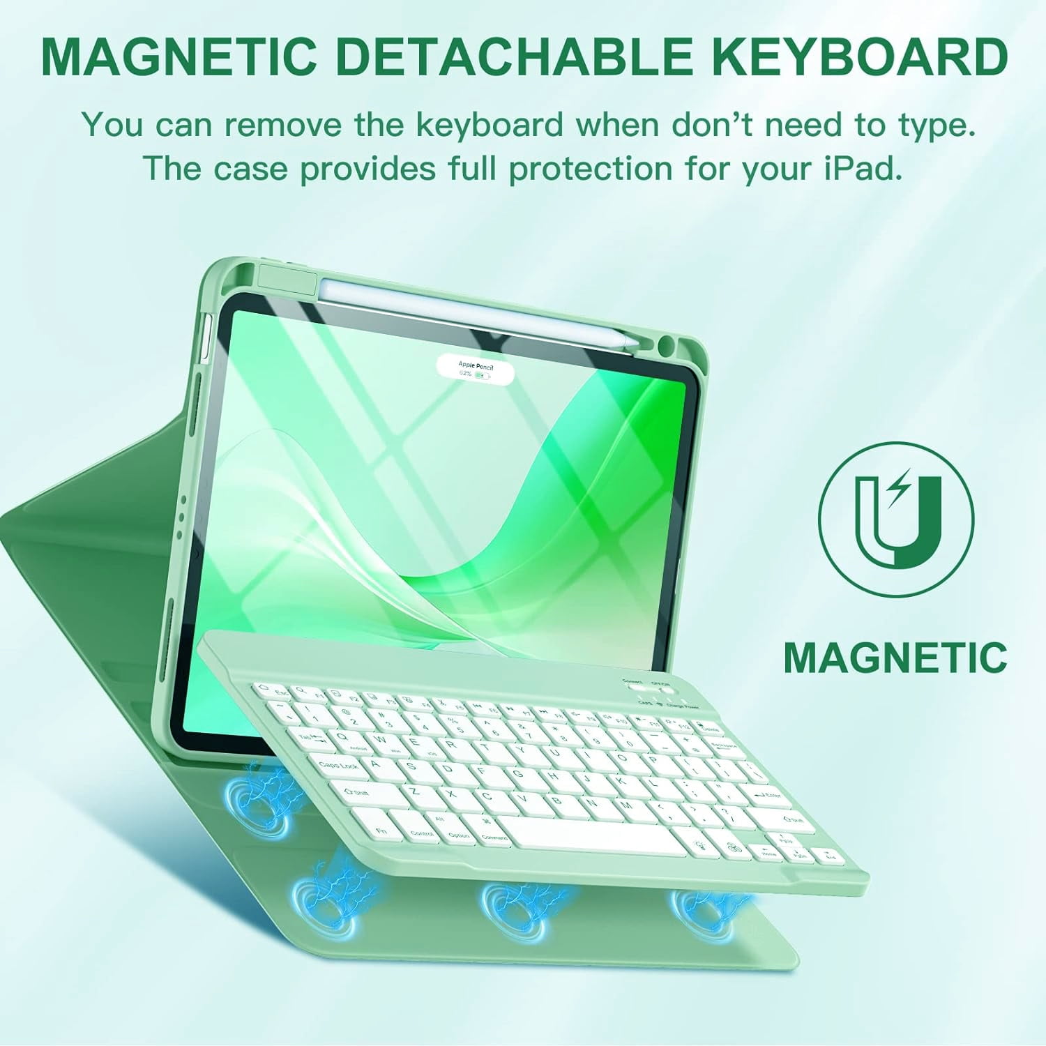 Vinci Keyboard Case for iPad Air 11-inch (M2) /6th 2024 & iPad Pro 11(4th/3rd/2nd/1st Gen)，Air 5th/4th 10.9”with Pencil Holder,360° Rotatable Magnetic Case,7 Colors Backlight Wireless Keyboard(Green)