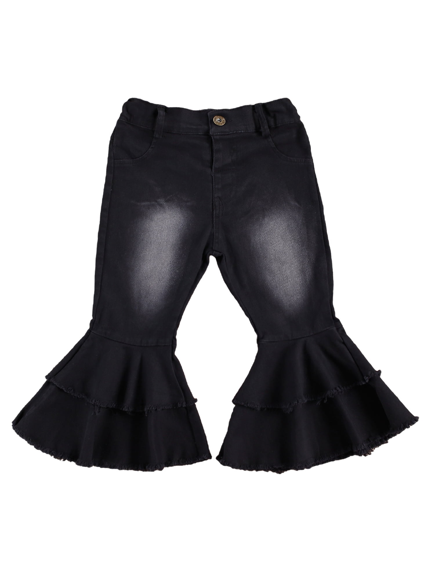 black jeans with ruffle bottom
