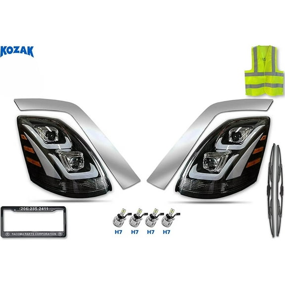 Kozak Headlight Set Compatible with Volvo VNL 2004-2017 - Left & Right with H7 LED Bulbs, Chrome Trim, Wipers, Vest