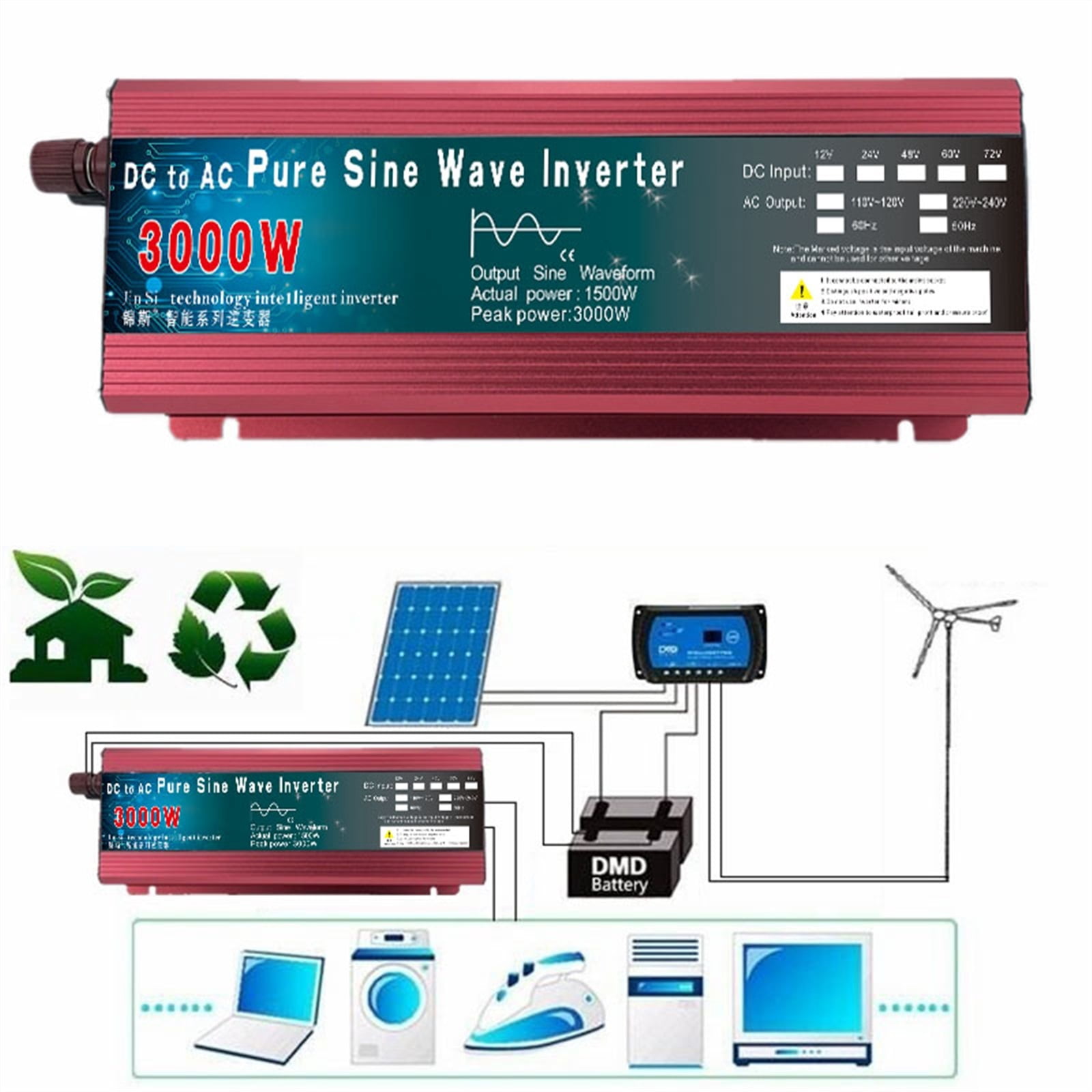 Pure Sine Wave Inverter DC 12v/24v 1000W 1600W 2000W 3000W Portable Power Bank Converter Solar Inverter ,Portable Design