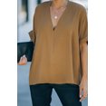 thumbnail image 3 of ABPHQTO Blusa de manga corta con cuello en V suelto marrón sólido para mujer, 3 of 5