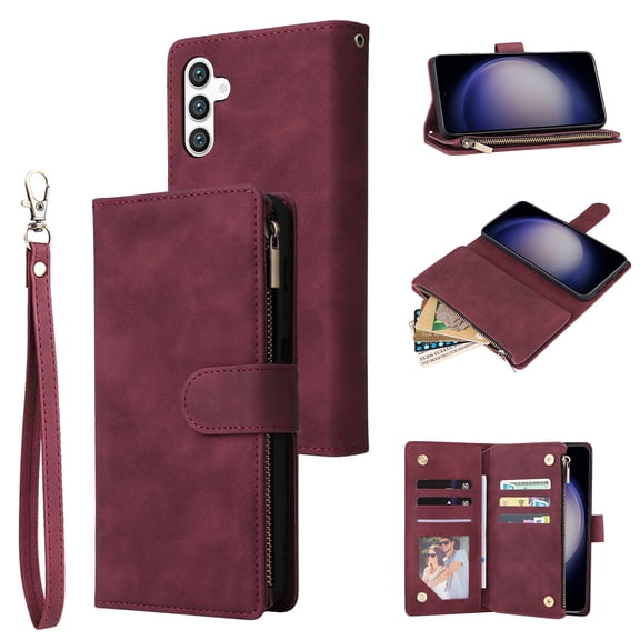 TECH CIRCLE for Samsung Galaxy S26 Wallet Case, Soft PU Leather Zipper Pocket Magnetic Buckle KickStand Horizontal TPU Shockproof Protective Flip Cover with 5 Card Slots, Winered