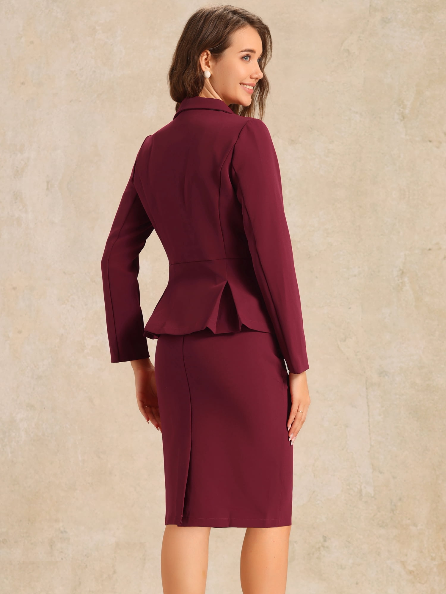 DARING DIVA Women's Peplum Blazer Pencil Skirt 2 Pcs Suit Set XL Wine Red