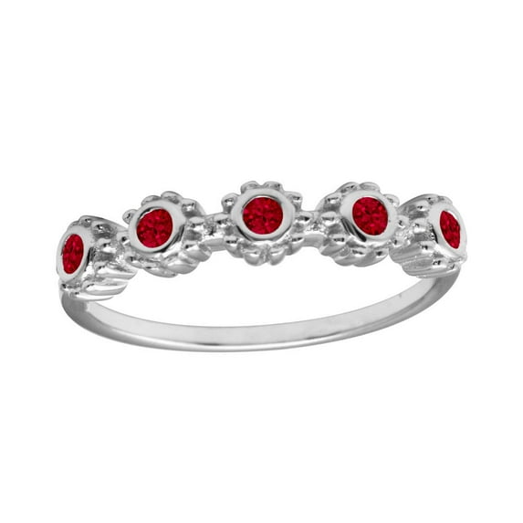 Simulated Ruby Cubic Zirconia Five Flowers Ring Rhodium Plated Sterling Silver Size 6