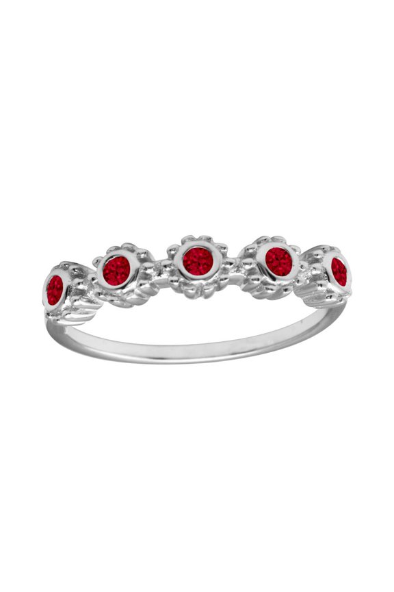 Simulated Ruby Cubic Zirconia Five Flowers Ring Rhodium Plated Sterling Silver Size 9